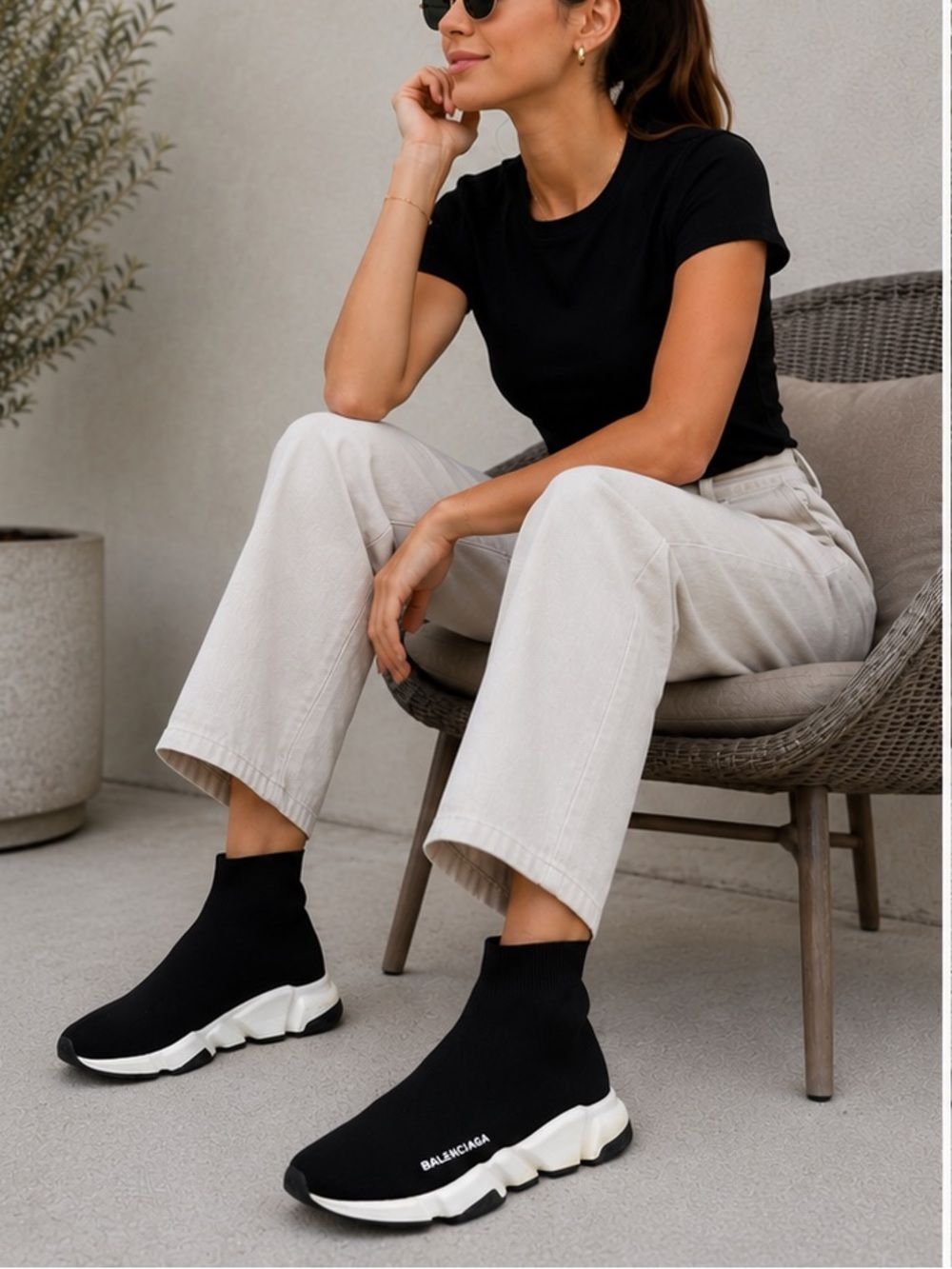 Balenciaga Black Knit Sock Sneakers with White Sole